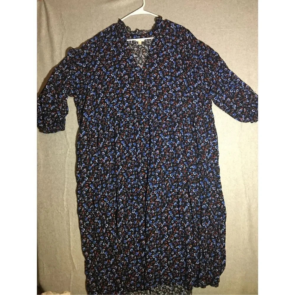Womens Terra & Sky Maxi Dress Size 3X Navy Blue Floral Puffy Sleeve Casual Cute